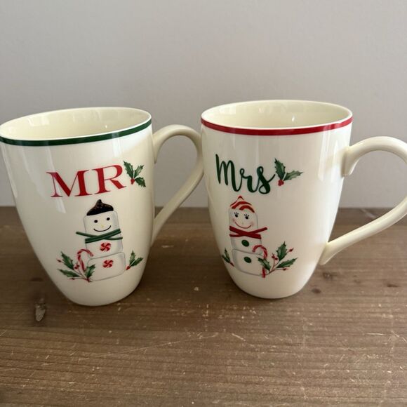 Lenox Mugs Mr. and Mrs. HOSTING THE HOLIDAYS Coffee Tea Cups 14 OZ Snowman - Picture 1 of 5